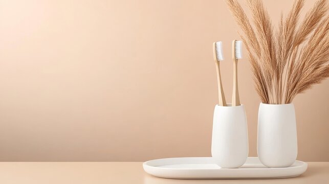 Minimalist bathroom decor featuring natural elements and bamboo toothbrushes on a soft background