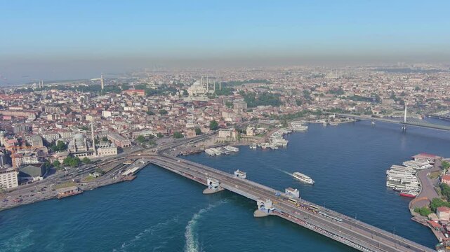 Istanbul, Turkey: Aerial view of famous Turkish city straddling Bosphorus Strait, summer day with clear blue sky - landscape panorama of Europe / Asia from above
