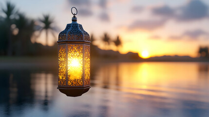 Illuminated lantern at sunset near a tranquil lake, palm trees in the background; perfect for Ramadan, Eid, or peaceful ambiance imagery