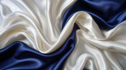 Sleek satin fabric flows, showcasing a stunning gradient from dark navy to shimmering silver under soft ambient light