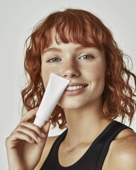 Skincare cosmetic beauty mock up, beautiful red hair woman with freckled skin face holding nourishing product