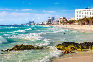 White sand beach on Caribbean sea in Cancun city downtown, Mexico
