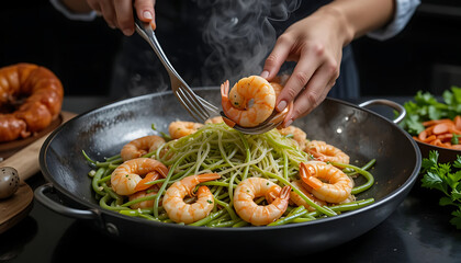 image of a gourmet seafood dish featuring shrimp, fresh vegetables, and garnishes on a black plate. The steaming hot meal is elegantly presented with hands using forks to serve. 