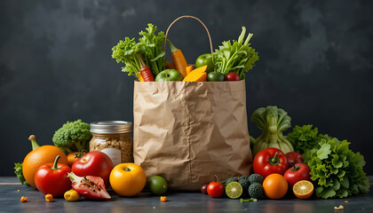 an image of multiple brown paper bags filled with fresh vegetables and fruits, neatly arranged against a dark background. The assortment includes leafy greens, pumpkins, tomatoes, oranges, and other