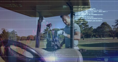 Man with golf clubs on course, financial data and graphs overlay animation - Powered by Adobe