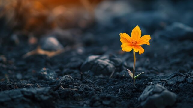 Single vibrant flower blooming from ashes symbolizes resilience and hope in a barren landscape at dusk
