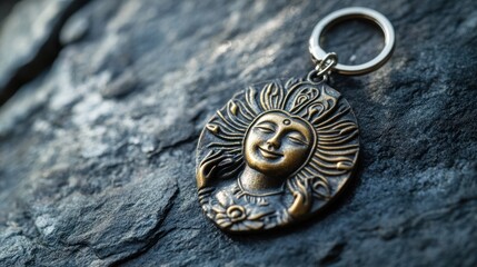 Fototapeta premium Decorative key chain, bronze deity, placed on dark stone