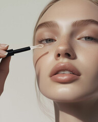 Beautiful woman with fresh glowing skin face applying moisturizing serum from dropper. Skincare cosmetic beauty mock up.