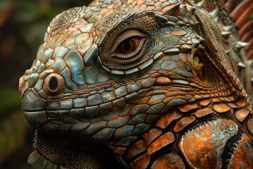 Fototapeta premium Close-up shows realistic iguana skin with intricate earthy brown and olive green scales in soft light