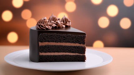 Rich chocolate cake slice with a glossy ganache glaze, topped with cocoa shavings, set against a bokeh-filled background.