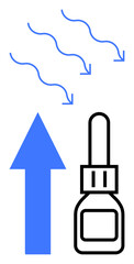 Nasal spray bottle emitting airflow, represented by arrows and an up arrow indicating direction. Ideal for health, hygiene, breathing, cold relief, airflow, medicine respiratory care. Flat simple
