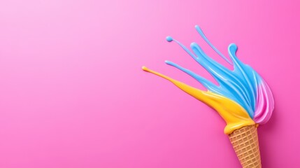 Dripping colorful gelato in a cone with a bright contrast effect, ideal for eye-catching dessert ads.