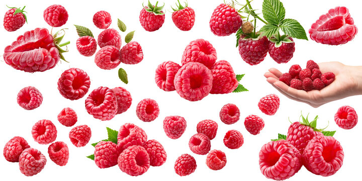 Set aus Himbeeren isoliert auf wei&szlig;en Hintergrund, Freisteller 