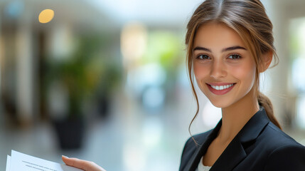 Obraz premium Smiling Businesswoman Holding Documents In Modern Office