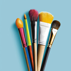 Vibrant paintbrushes in various sizes and colors on blue background