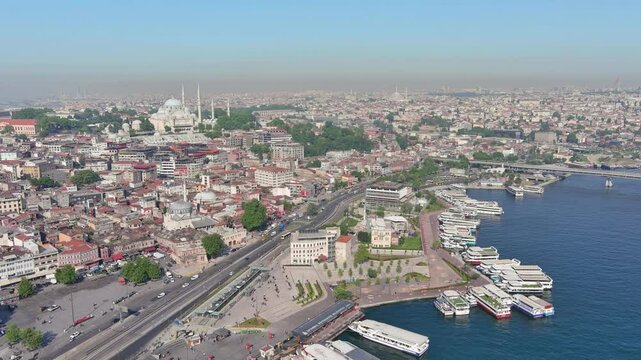 Istanbul, Turkey: Aerial view of famous Turkish city straddling Bosphorus Strait, summer day with clear blue sky - landscape panorama of Europe / Asia from above
