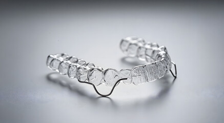 Clear orthodontic retainer for teeth alignment on gray background