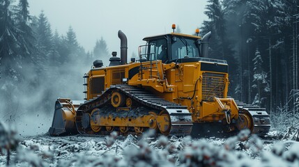 A robust yellow bulldozer clearing a snowy path through a dense forest with tall trees under a misty gray sky in a rugged winter landscape