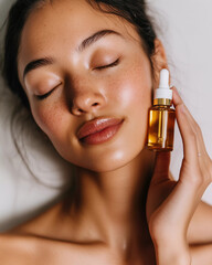 Beautiful woman with closed eyes and fresh hydrated glowing skin face holding moisturizing serum dropper. Skincare cosmetic beauty mock up.