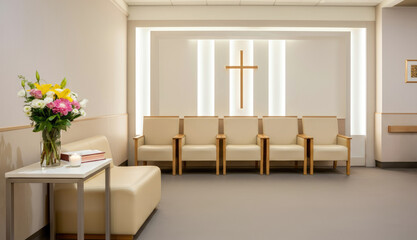 Fototapeta premium Modern, serene church waiting area with cross and flowers