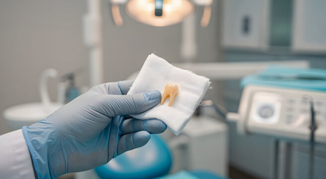 Dentist holding extracted tooth on gauze in dental clinic