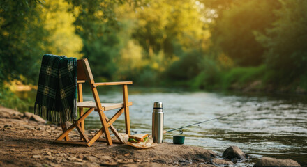Fototapeta premium Peaceful riverside fishing spot with chair, thermos, and blanket