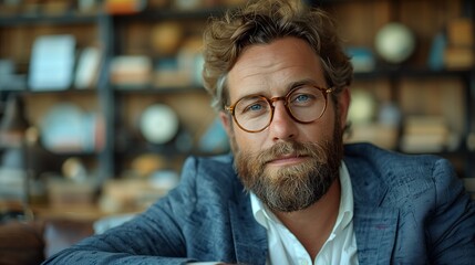 Fototapeta premium A contemplative man with glasses and a beard in a blue suit sitting thoughtfully amidst books and globes in a cozy study with soft background lighting