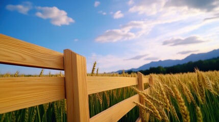 A wooden fence with a view of the mountains in the background. The fence is surrounded by a field of tall, golden wheat