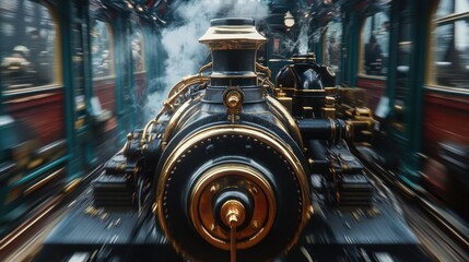Fototapeta premium Vintage steam train locomotive in motion, with blurred background train cars and steam, for travel or historical display