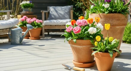 Obraz premium Outdoor garden terrace with colorful flowers in terracotta pots
