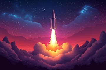 Naklejka premium Rocket Launch at Sunset Space Exploration, Cosmic Cloudscape Illustration