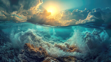 Waves crashing gently against coral reefs under a vibrant sunset sky in a serene underwater paradise