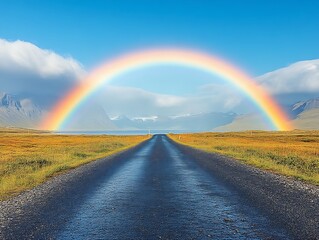 Road under Rainbow Over Field