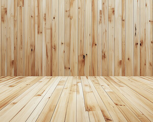 Naklejka premium Light beige wood floor and wall texture, creating a simple, clean background, ideal for product display or text placement, showcasing natural material and rustic aesthetic