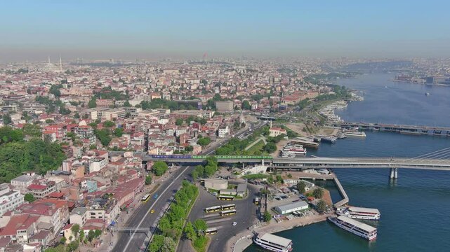 Istanbul, Turkey: Aerial view of famous Turkish city straddling Bosphorus Strait, summer day with clear blue sky - landscape panorama of Europe / Asia from above
