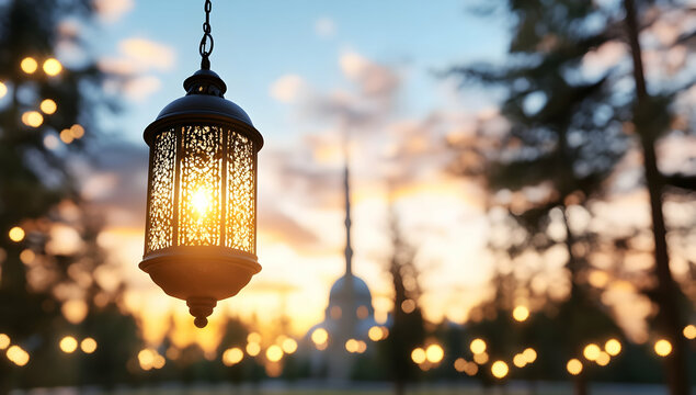 Illuminated lantern hanging outdoors at sunset, mosque in background; peaceful Ramadan scene, ideal for religious holiday greeting cards