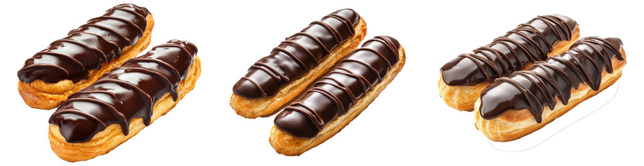 Chocolate glazed eclairs isolated on white background delicious French pastry dessert with choux dough creamy filling gourmet sweet treat bakery confection