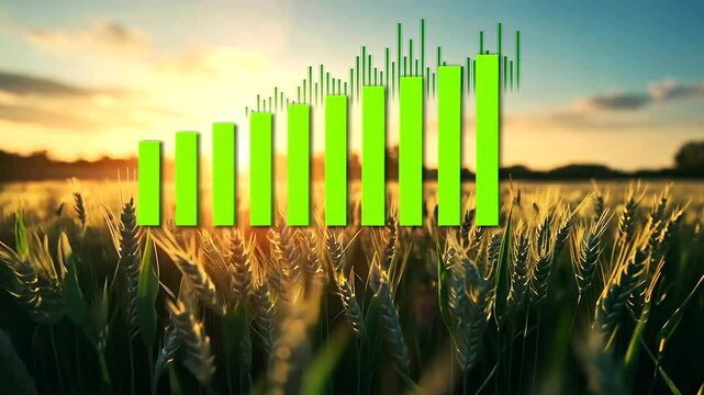 Vast wheat fields under a warm sunset, with a rising green graph floating above, illustrating the impact of global inflation and the rising price of essential grains.