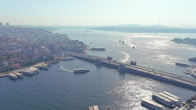 Istanbul, Turkey: Aerial view of famous Turkish city straddling Bosphorus Strait, summer day with clear blue sky - landscape panorama of Europe / Asia from above
