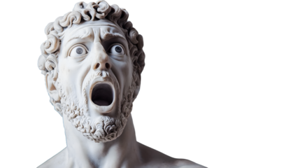 classical Greek marble statue of a man with a surprised expression, showcasing detailed craftsmanship.