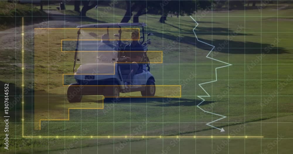 Poster golf cart on course with data graph animation overlaying scene