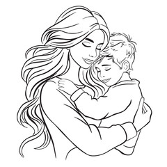 Mother and son hugging. Happy family, silhouette, sketch, black and white sketchvector