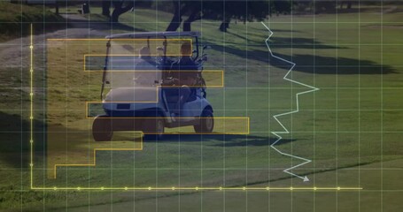 Golf cart on course with data graph animation overlaying scene - Powered by Adobe