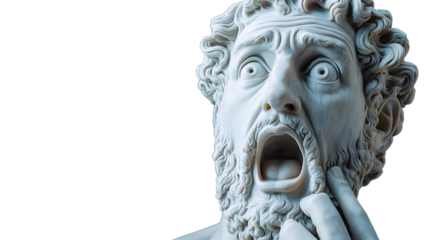 classical Greek marble statue of a man with a surprised expression, showcasing detailed craftsmanship.