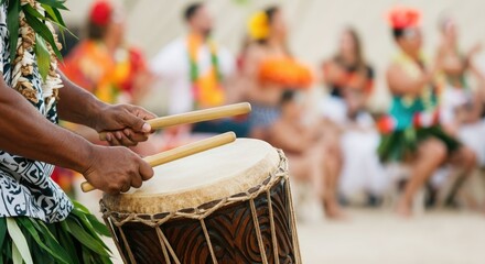 Close-up of hands playing drum at traditional cultural celebration with dancers in vibrant attire, blurring background