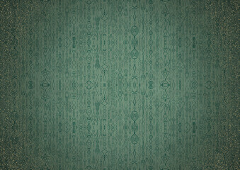 Hand-drawn abstract ornament. Dark green on light cold green background, with vignette of darker background color and splatters of golden glitter. Paper texture. A4. (pattern: p14b)