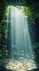 Fototapeta premium Sunlight streams into an underwater cave, illuminating a school of colorful fish and lush greenery.