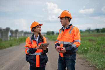 Two construction workers wearing orange safety vests