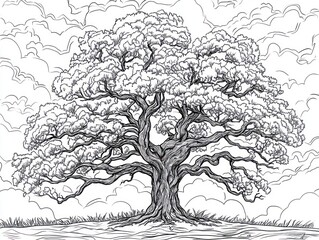 Majestic Tree Drawing Cloudy Sky