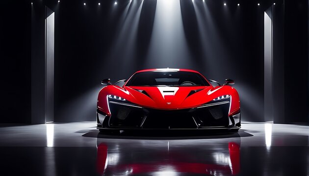 Sleek red supercar presented under dramatic spotlights in a showroom